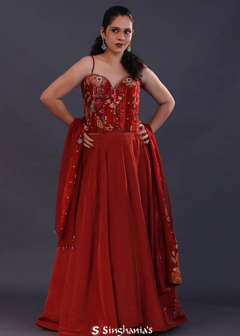 <img> Ruby Red Satin Crepe Floral Printed Lehenga Set