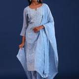 Light Blue Mul Chanderi Thread Work Kurti Set