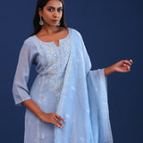 Light Blue Mul Chanderi Thread Work Kurti Set