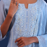 Light Blue Mul Chanderi Thread Work Kurti Set