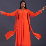 Bright Orange Crepe Silk Solid Kurti Set