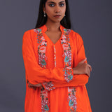 Bright Orange Crepe Silk Solid Kurti Set