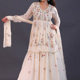White Chinon Floral Embroidered Peplum Sharara Set
