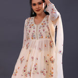 White Chinon Floral Embroidered Peplum Sharara Set