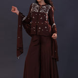 Dark Brown Satin Crepe Indowestern Set