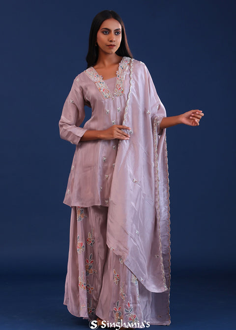 <img> Dull Pastel Purple Chinon Silk Pearl Work Sharara Set