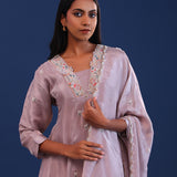 Dull Pastel Purple Chinon Silk Pearl Work Sharara Set