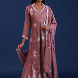 Dull Dusky Pink Chinon Silk Pearl Work Kurti Set