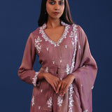 Dull Dusky Pink Chinon Silk Pearl Work Kurti Set