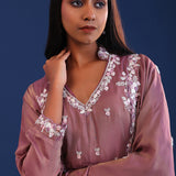 Dull Dusky Pink Chinon Silk Pearl Work Kurti Set