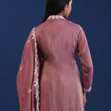 Dull Dusky Pink Chinon Silk Pearl Work Kurti Set