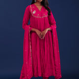 Bright Royal Pink Chiffon Thread Work Kurti Set