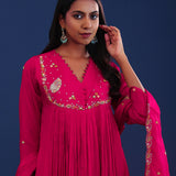 Bright Royal Pink Chiffon Thread Work Kurti Set