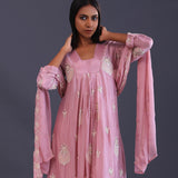 Pastel Pink Chinon Pearl Work Kurti Set
