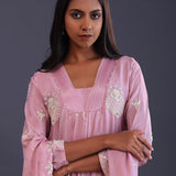 Pastel Pink Chinon Pearl Work Kurti Set