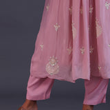 Pastel Pink Chinon Pearl Work Kurti Set