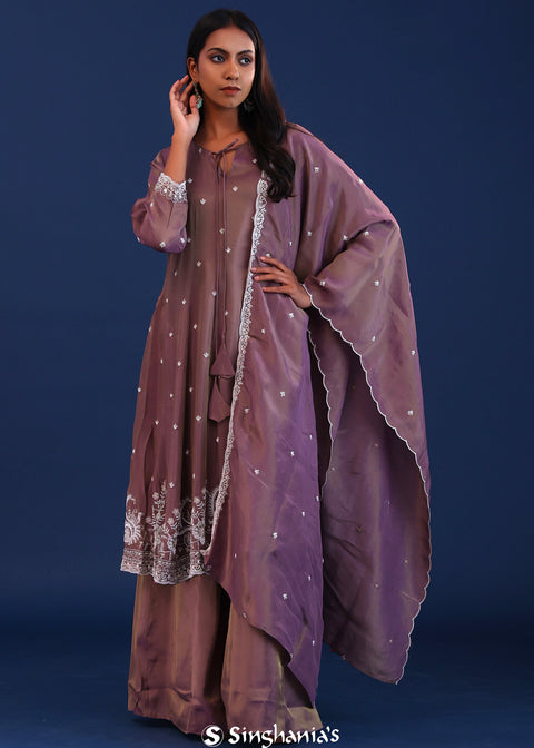 <img> Dark Dull Pink Chinon Pearl Work Kurti Set