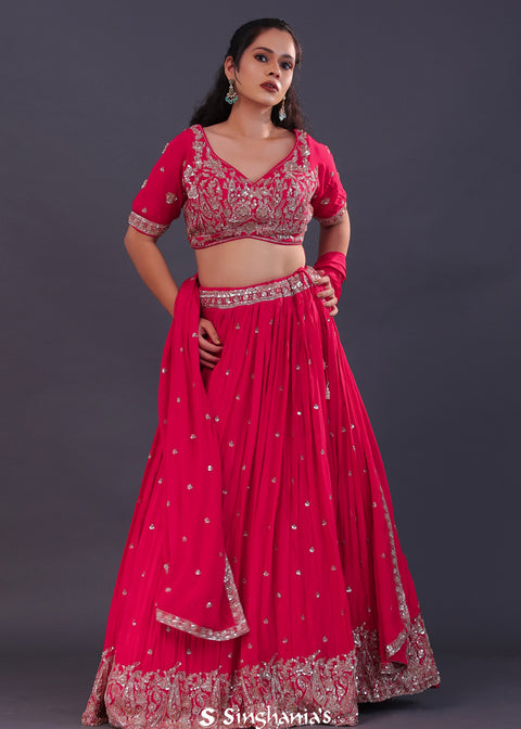 <img> Scarlet Red Chinon Georgette Embroidered Lehenga Set