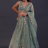 Russian Green Organza Embroidered Lehenga Set