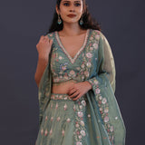 Russian Green Organza Embroidered Lehenga Set