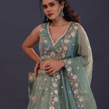 Russian Green Organza Embroidered Lehenga Set