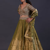 Mehendi Green Tissue Banarasi Embroidered Lehenga Set