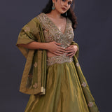 Mehendi Green Tissue Banarasi Embroidered Lehenga Set