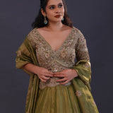 Mehendi Green Tissue Banarasi Embroidered Lehenga Set