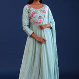 Light Teal Green Georgette Thread Work Gown Set