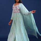 Light Teal Green Georgette Thread Work Gown Set
