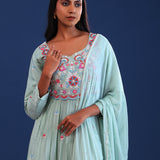 Light Teal Green Georgette Thread Work Gown Set