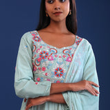 Light Teal Green Georgette Thread Work Gown Set