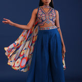 Dark Teal Blue Crepe Silk Indo Western Choli Set