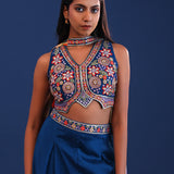 Dark Teal Blue Crepe Silk Indo Western Choli Set
