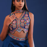 Dark Teal Blue Crepe Silk Indo Western Choli Set