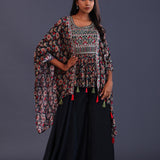 Black Crepe Silk And Chiffon Floral Peplum Set.