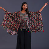 Black Crepe Silk And Chiffon Floral Peplum Set.