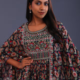 Black Crepe Silk And Chiffon Floral Peplum Set.