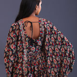 Black Crepe Silk And Chiffon Floral Peplum Set.