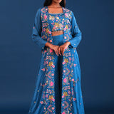 Teal Blue Crepe Silk Indo Western Choli Set