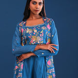 Teal Blue Crepe Silk Indo Western Choli Set