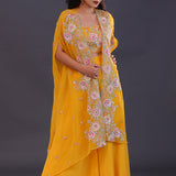 Bright Yellow Crepe Embroidered Indo-Western