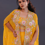 Bright Yellow Crepe Embroidered Indo-Western