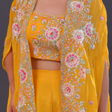Bright Yellow Crepe Embroidered Indo-Western