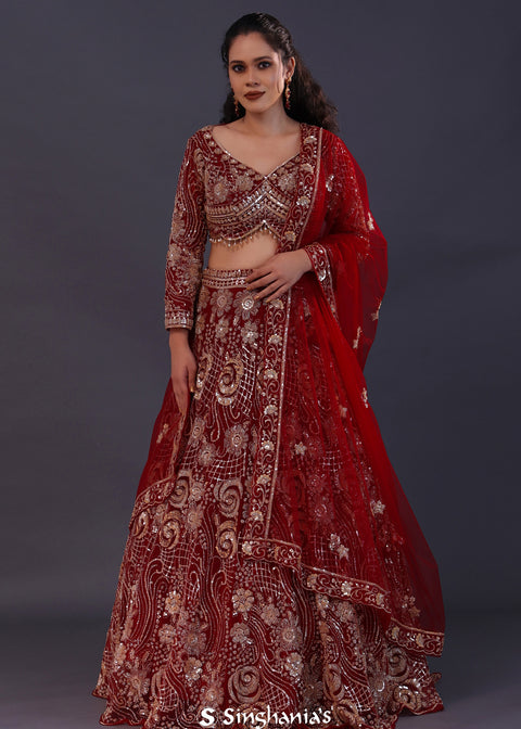 <img> Scarlet Red Net Embroidered Lehenga Set