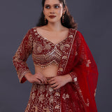 Scarlet Red Net Embroidered Lehenga Set
