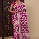 Wine Purple Banarasi Silk Saree With Floral Border