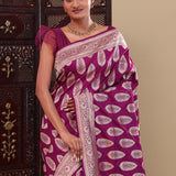 Wine Purple Banarasi Silk Saree With Floral Border