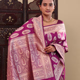 Wine Purple Banarasi Silk Saree With Floral Border