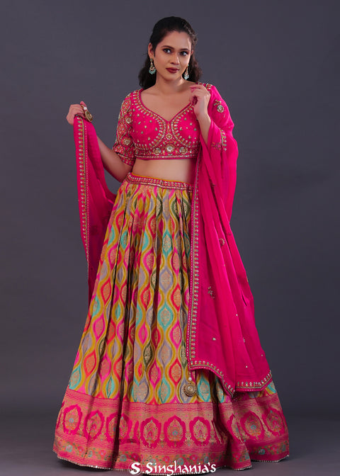 <img> Bright Pink Chinon Silk Printed Lehenga Set